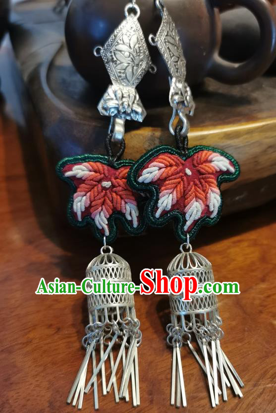 Traditional China Ethnic Embroidered Maple Leaf Earrings Handmade Ear Accessories Silver Birdcage Jewelry for Women