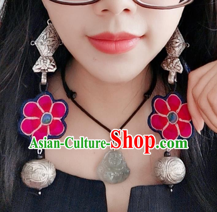 Traditional China Silver Jewelry Handmade Ear Accessories Ethnic Embroidered Rosy Flower Earrings for Women