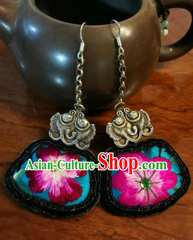 China Ethnic Blue Embroidered Earrings Traditional Silver Fishes Jewelry Handmade Ear Accessories for Women