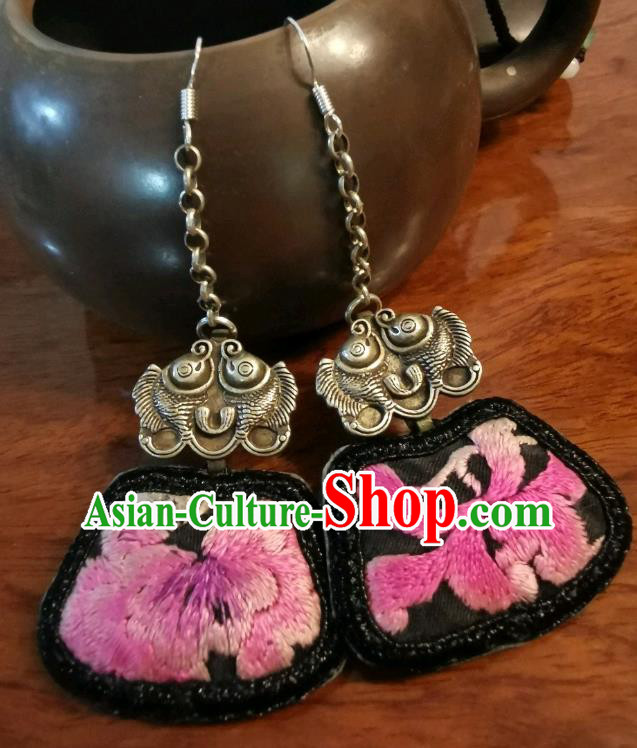 Handmade China Ethnic Black Embroidered Earrings Traditional Silver Fishes Jewelry Ear Accessories for Women