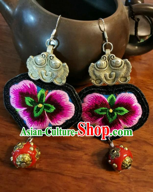 Handmade China Ethnic Red Ceramics Bead Earrings Traditional Silver Fishes Jewelry Embroidered Ear Accessories for Women