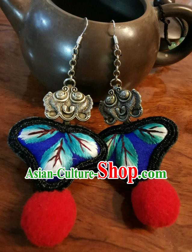 Handmade China Ethnic Red Venonat Earrings Traditional Embroidered Ear Accessories Silver Fishes Jewelry for Women