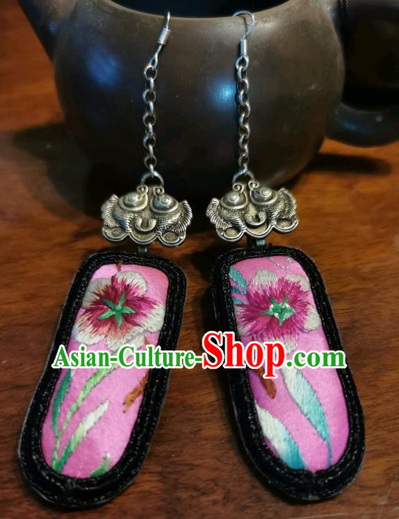 Handmade China Ethnic Pink Earrings Traditional Embroidered Plum Blossom Ear Accessories Silver Fishes Jewelry for Women