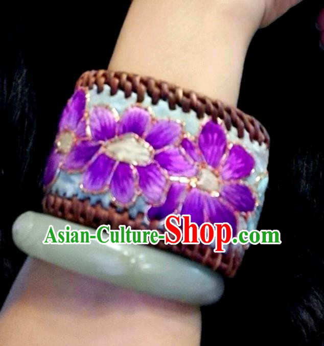 Handmade China Ethnic Embroidered Blue Bracelet Traditional Accessories Rattan Bangle for Women