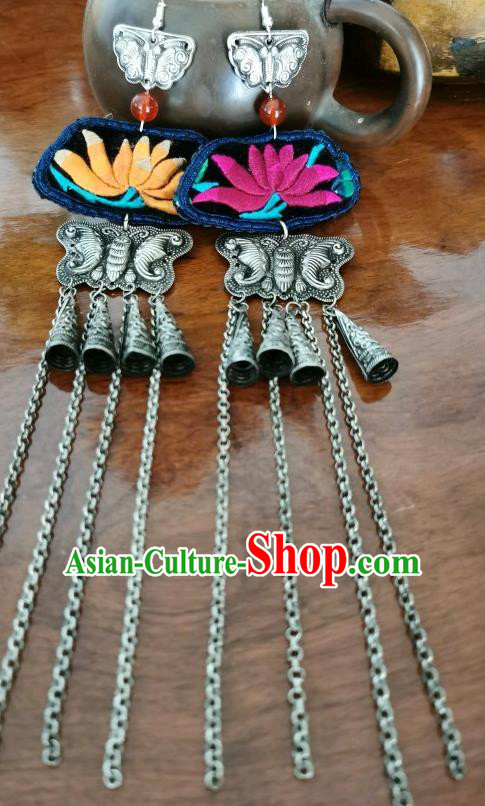 Handmade China Silver Carving Butterfly Eardrop Traditional Accessories Ethnic Embroidered Chrysanthemum Earrings for Women