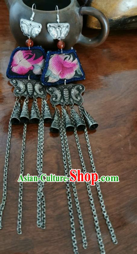 China Handmade Silver Carving Butterfly Tassel Eardrop Embroidered Earrings Traditional Ethnic Accessories for Women