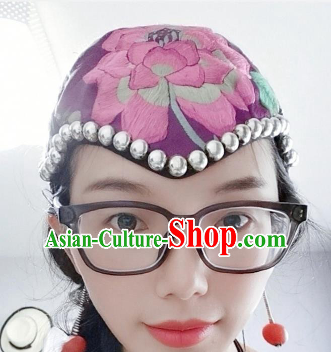 Traditional China Ethnic Embroidered Hat Handmade Hair Accessories Purple Silver Hair Clasp for Women