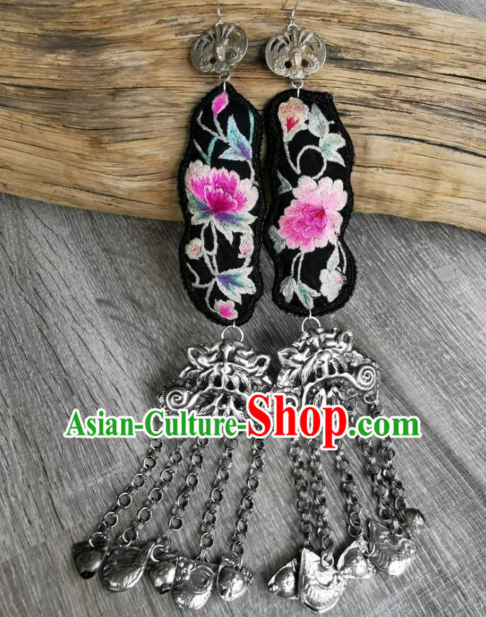 China Handmade Tassel Eardrop Embroidered Peony Earrings Traditional Miao Ethnic Accessories for Women