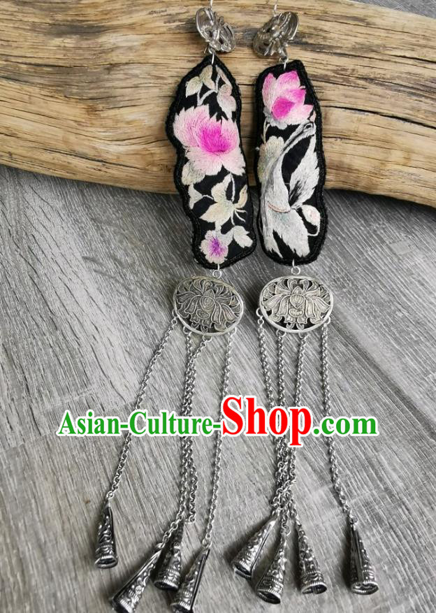 China Handmade Silver Carving Lotus Tassel Eardrop Traditional Miao Ethnic Accessories Embroidered Lotus Earrings for Women
