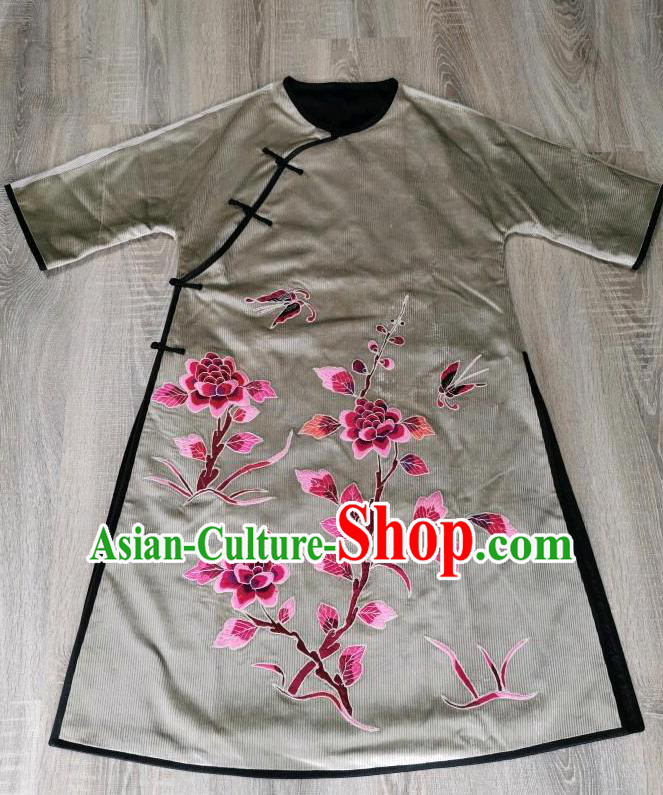 Chinese Embroidered Peony Cheongsam Traditional Embroidery Grey Corduroy Qipao Dress National Clothing