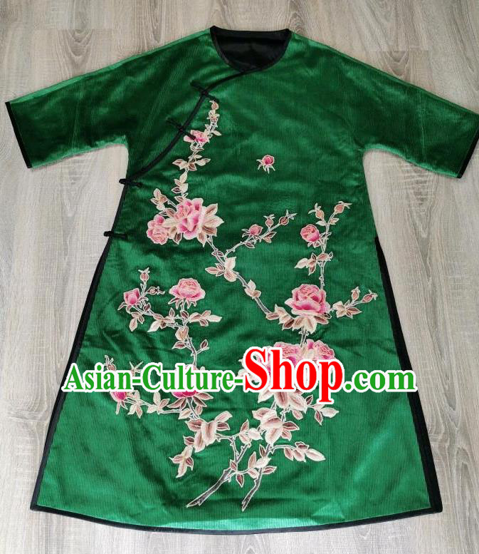 Chinese National Clothing Embroidered Rose Cheongsam Traditional Embroidery Deep Green Corduroy Qipao Dress