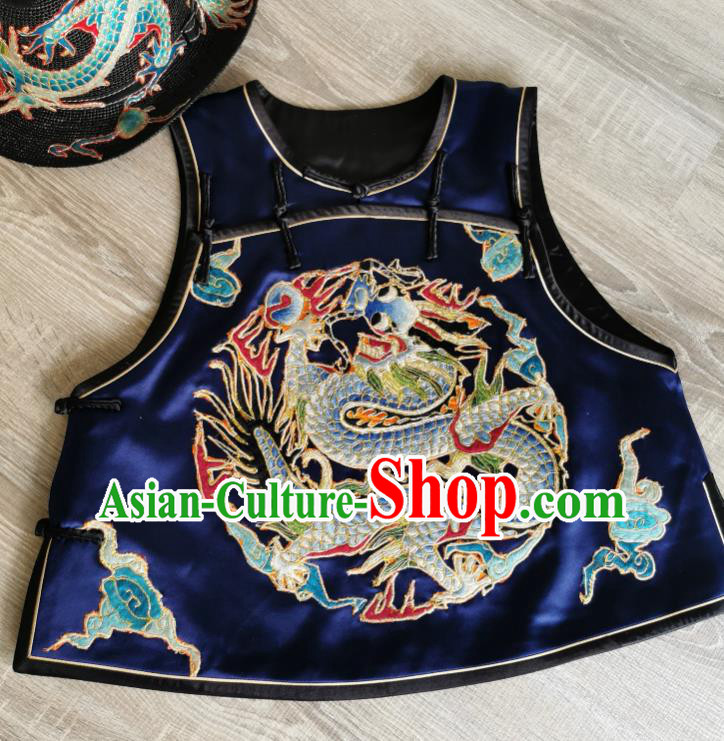 Top Grade China Tang Suit Embroidered Dragon Navy Silk Vest Traditional Waistcoat Winter Upper Outer Garment