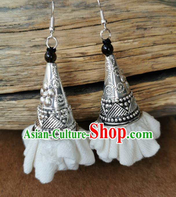 China Handmade White Flax Eardrop Traditional Miao Ethnic Earrings Silver Carving Accessories for Women