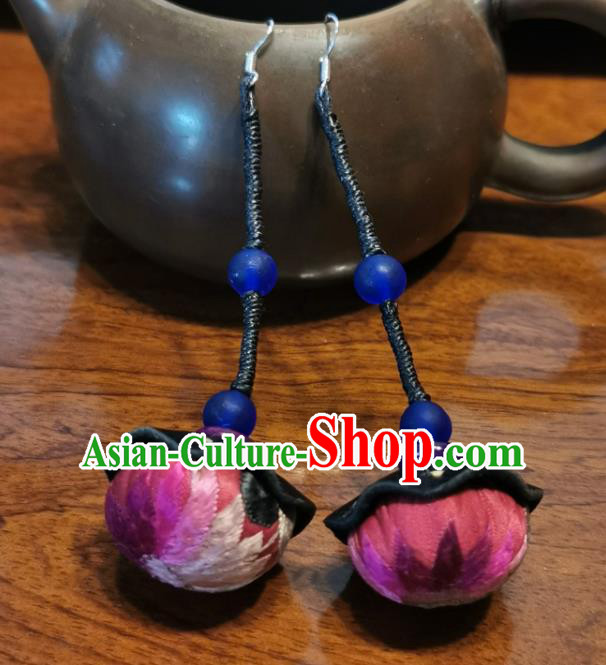 Traditional China Miao Ethnic Rosy Silk Ear Accessories Handmade Embroidered Earrings for Women