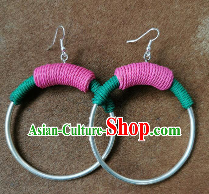 Traditional China Miao Ethnic Pink Sennit Ear Accessories Handmade Silver Ring Earrings for Women