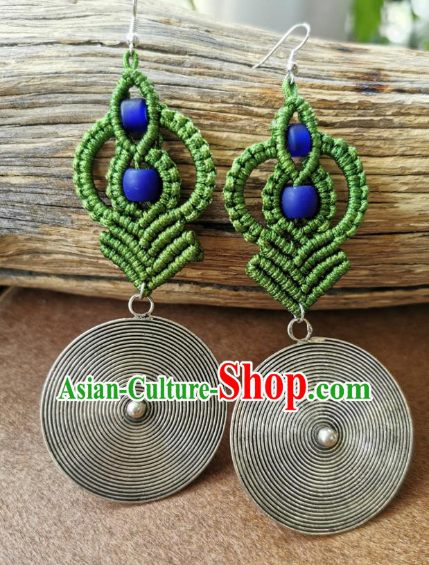 Handmade China Traditional Green Sennit Earrings Miao Ethnic Silver Ear Accessories for Women