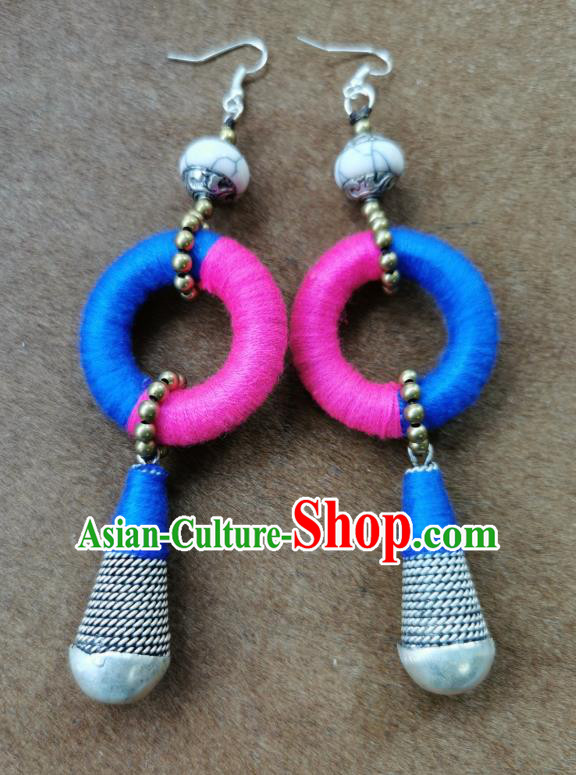 Handmade China National Yarn Earrings Traditional Miao Ethnic Silver Eardrop Ear Accessories for Women