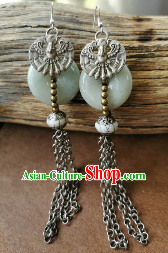 Handmade China National Jade Earrings Traditional Miao Ethnic Ear Accessories Silver Tassel Eardrop for Women