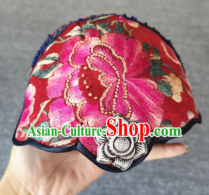 Handmade China Embroidered Peony Red Hat Miao Ethnic Women Cap Traditional National Headwear Hair Accessories