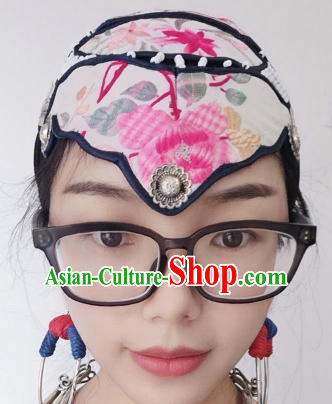 Handmade China Embroidered White Cloth Hat Traditional National Headwear Hair Accessories Miao Ethnic Women Cap