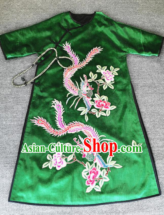 Chinese Traditional Women National Clothing Embroidered Green Corduroy Qipao Dress Embroidery Phoenix Peony Cheongsam