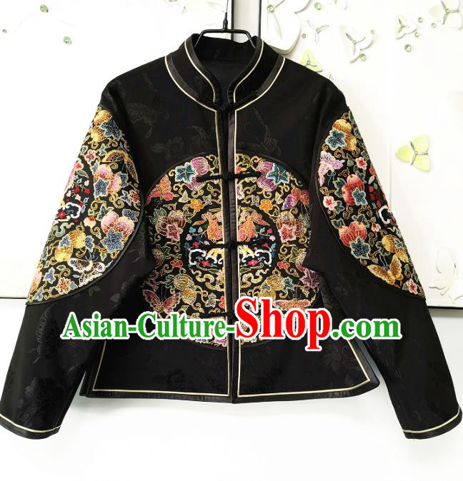 China National Women Short Coat Traditional Embroidered Costume Tang Suit Black Silk Jacket