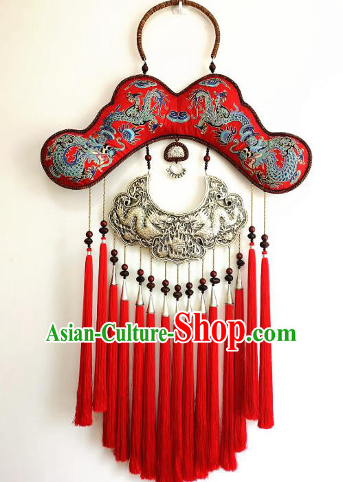 Handmade China Embroidered Red Tassel Necklace Traditional National Silver Carving Accessories Miao Ethnic Rattan Necklet