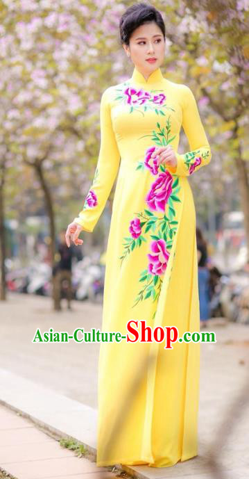 Asian Vietnam Classical Peony Pattern Ao Dai Qipao Traditional Vietnamese Cheongsam Costumes Yellow Dress and Loose Pants for Women