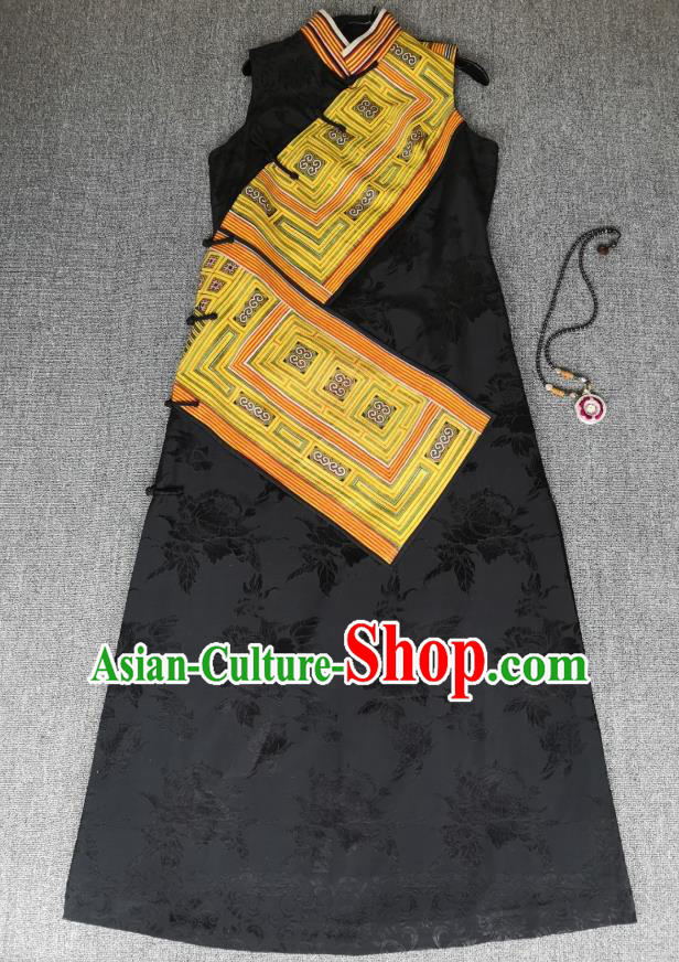 Chinese Embroidered Black Silk Qipao Dress Traditional Women Clothing National Sleeveless Cheongsam