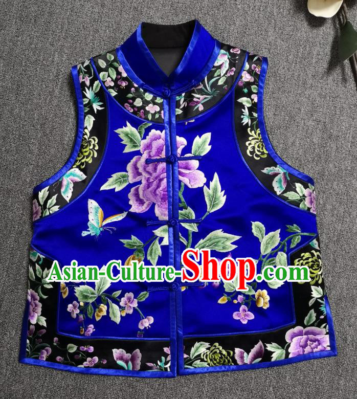 China National Embroidered Royalblue Silk Vest Traditional Tang Suit Upper Outer Garment Women Waistcoat