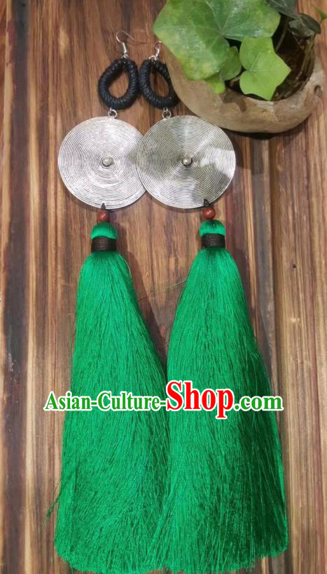 Handmade China Green Long Tassel Earrings Miao Ethnic Jewelry Traditional National Silver Ear Accessories