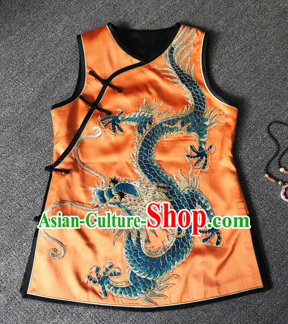 China Traditional Tang Suit Upper Outer Garment Women Waistcoat National Embroidered Dragon Orange Silk Vest