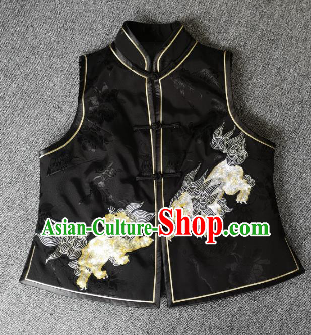 China Women Waistcoat National Embroidered Lion Black Silk Vest Traditional Tang Suit Upper Outer Garment