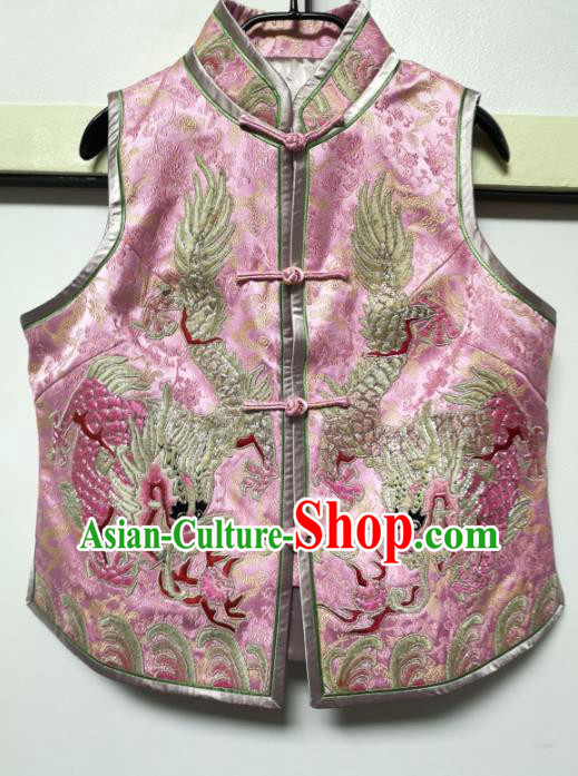 China National Embroidered Dragon Pink Silk Vest Traditional Tang Suit Upper Outer Garment Women Waistcoat