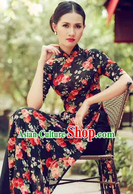 Asian Vietnam Classical Roses Pattern Ao Dai Qipao Traditional Vietnamese Costumes Black Silk Cheongsam Dress and Loose Pants for Women