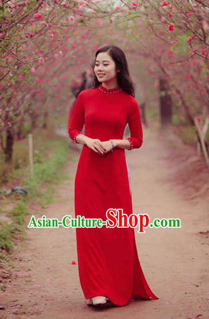 Asian Vietnam Classical Ao Dai Qipao Traditional Vietnamese Costumes Red Cheongsam Dress and Loose Pants for Women