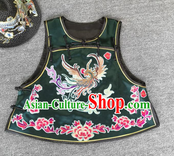 China Tang Suit Embroidered Phoenix Dark Green Silk Vest Traditional Women Waistcoat Upper Outer Garment