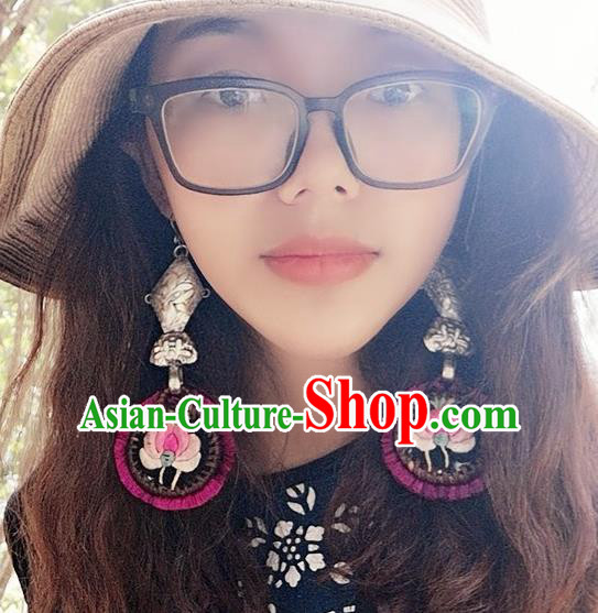 China Handmade Miao Ethnic Embroidered Earrings Traditional National Silver Fish Ear Accessories