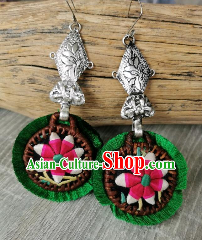 China Traditional National Silver Carving Lotus Ear Accessories Handmade Miao Ethnic Embroidered Flower Earrings