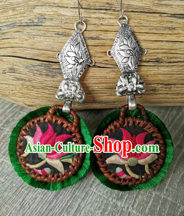 China Traditional National Silver Rattan Ear Accessories Handmade Miao Ethnic Embroidered Lotus Earrings