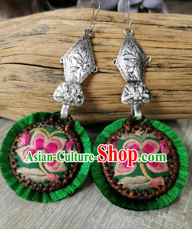 China Handmade Miao Ethnic Silver Carving Earrings Traditional National Embroidered Green Ear Accessories