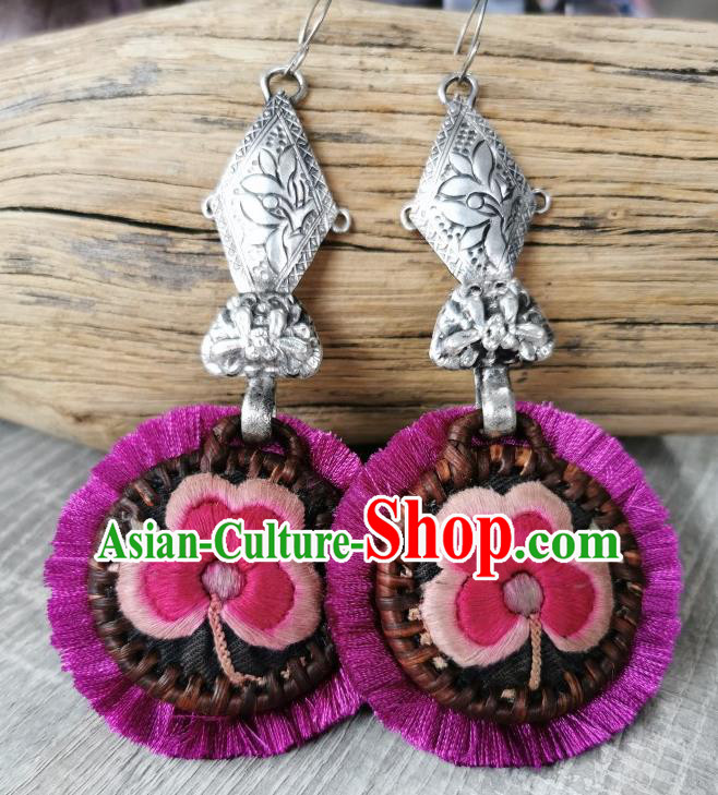 Handmade China Miao Ethnic Rattan Earrings Traditional National Embroidered Sliver Purple Ear Accessories