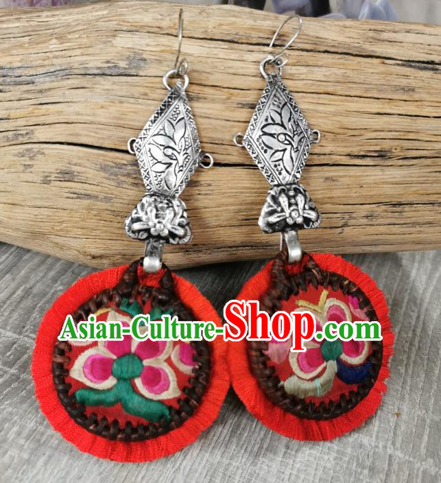 Handmade China Miao Ethnic Women Jewelry Traditional National Embroidered Sliver Ear Accessories Rattan Earrings