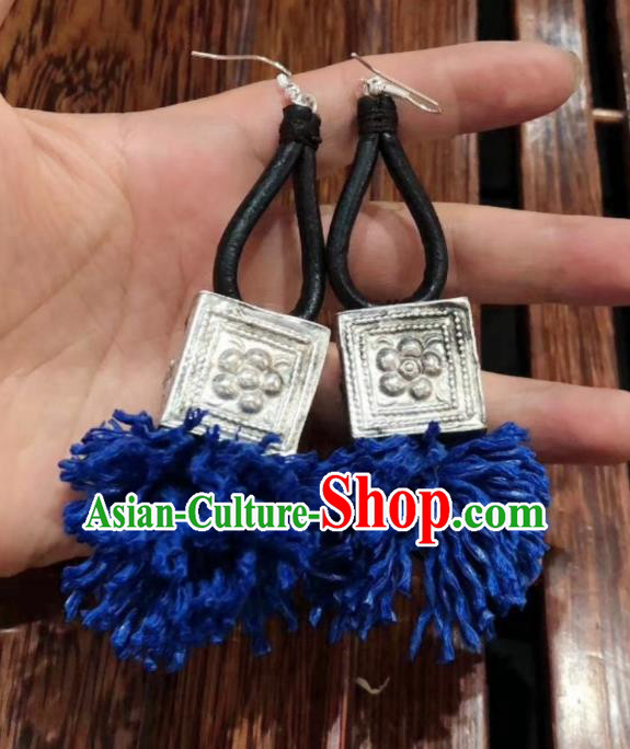 Handmade China Traditional National Sliver Ear Accessories Women Jewelry Miao Ethnic Blue Waxed Thread Earrings