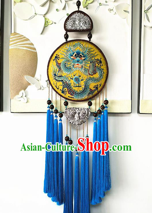 Handmade China Traditional Embroidered Dragon Pendant National Royalblue Tassel Rattan Accessories