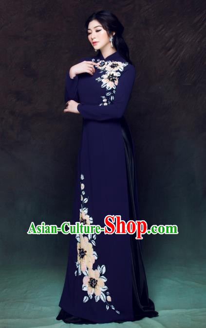 Asian Vietnam Classical Peony Pattern Ao Dai Qipao Traditional Vietnamese Cheongsam Costumes Navy Dress and Loose Pants for Women