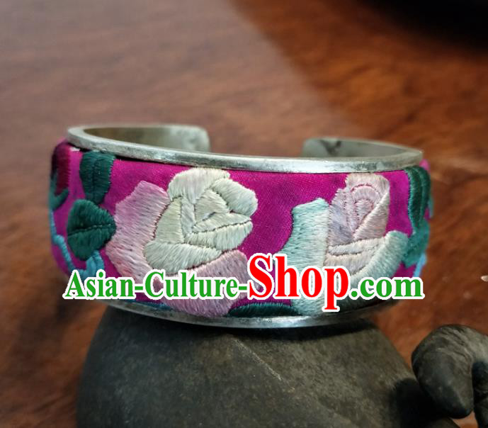 China Miao Ethnic Bracelet Handmade National Embroidered Purple Bangle Traditional Silver Accessories