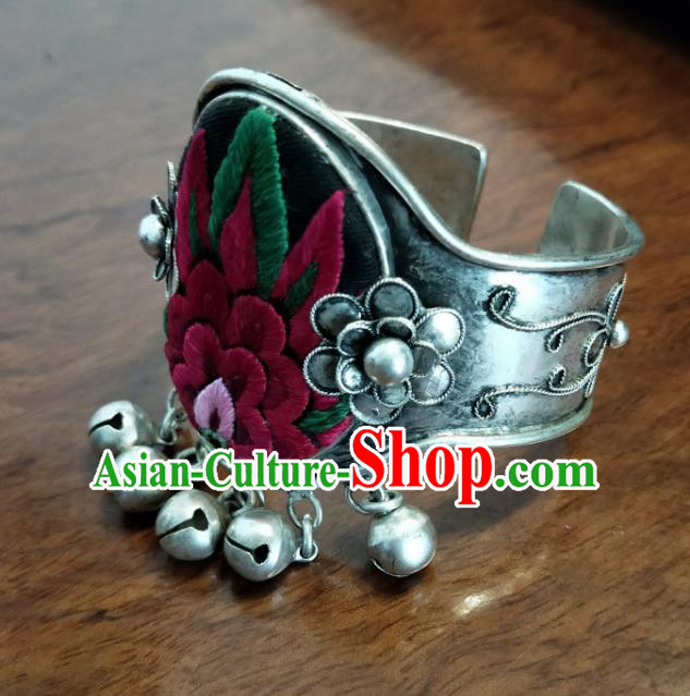 China Traditional Miao Ethnic Bracelet National Silver Bell Tassel Accessories Handmade Embroidered Bangle