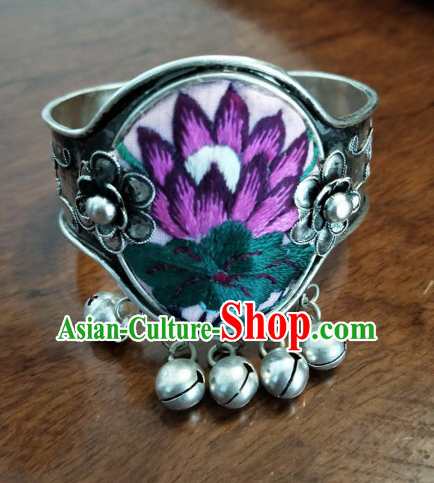 China National Silver Bell Tassel Accessories Traditional Miao Ethnic Bracelet Handmade Embroidered Lotus Bangle