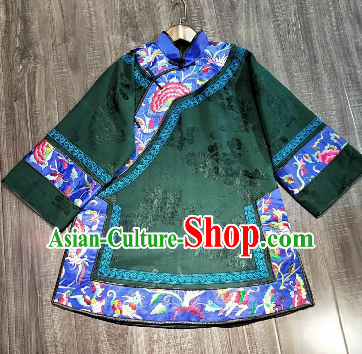 China National Women Short Coat Traditional Qing Dynasty Embroidered Costume Tang Suit Green Silk Jacket